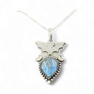 Labradorite Bat Crescent Moon Pendant Necklace 925 Sterling Silver Handmade